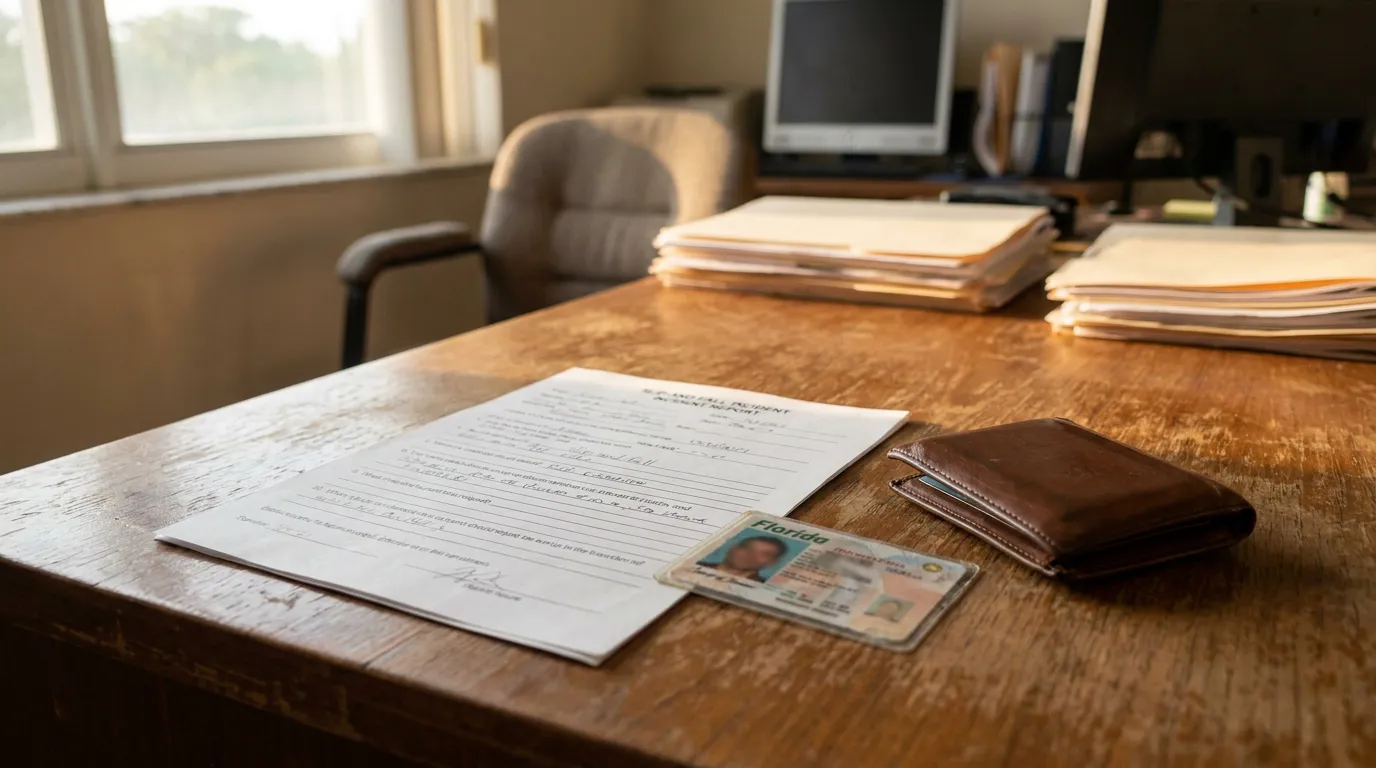 Slip and fall incident report form with Florida ID and wallet on wooden desk