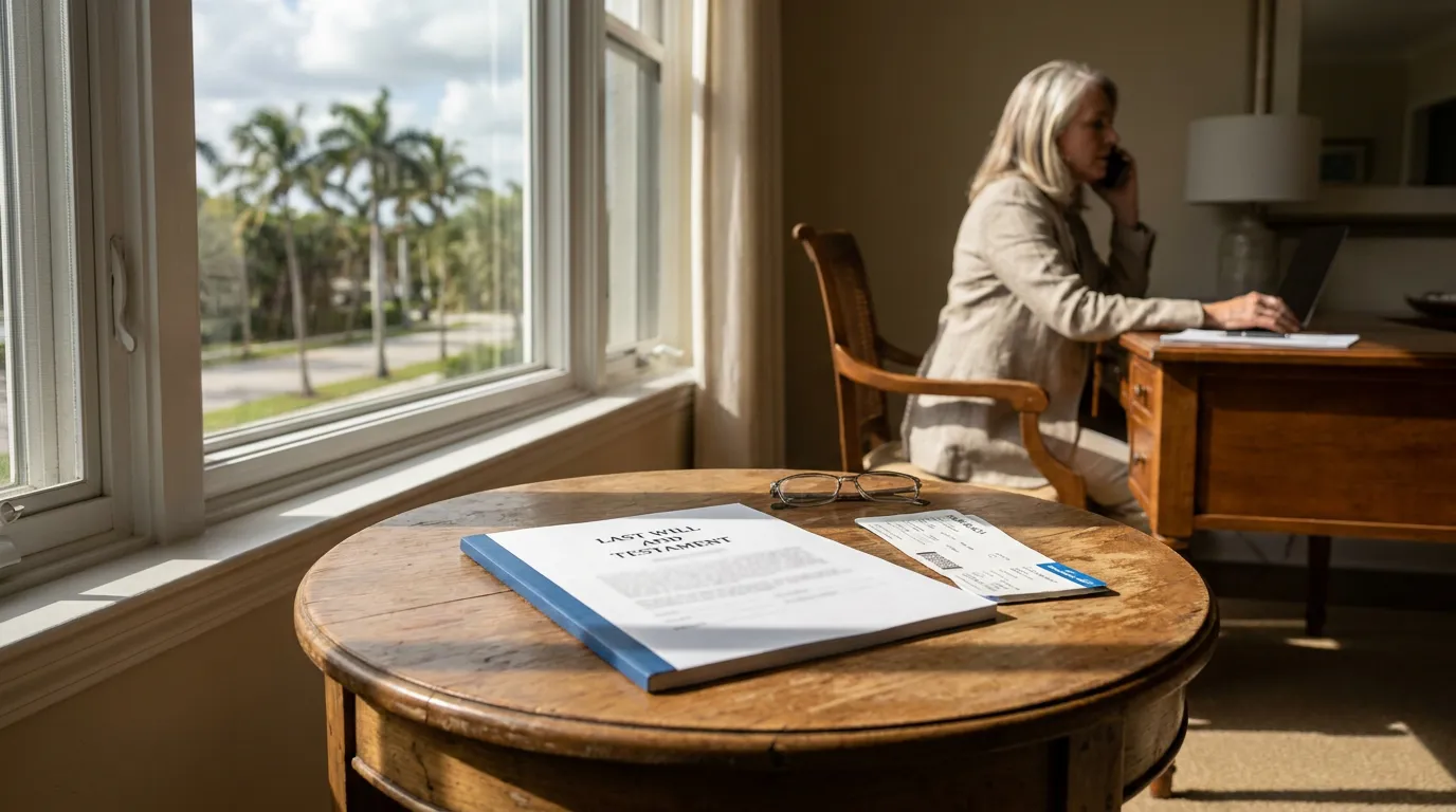 Out-of-State Personal Representative Reviewing Will in Palm Beach Last Will and Testament document on wooden table with woman on phone nearby