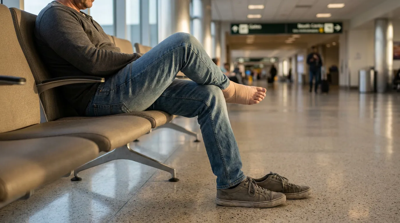 Injured Man With Bandaged Foot at Miami Airport Terminal man with bandaged foot seated in airport terminal seating area