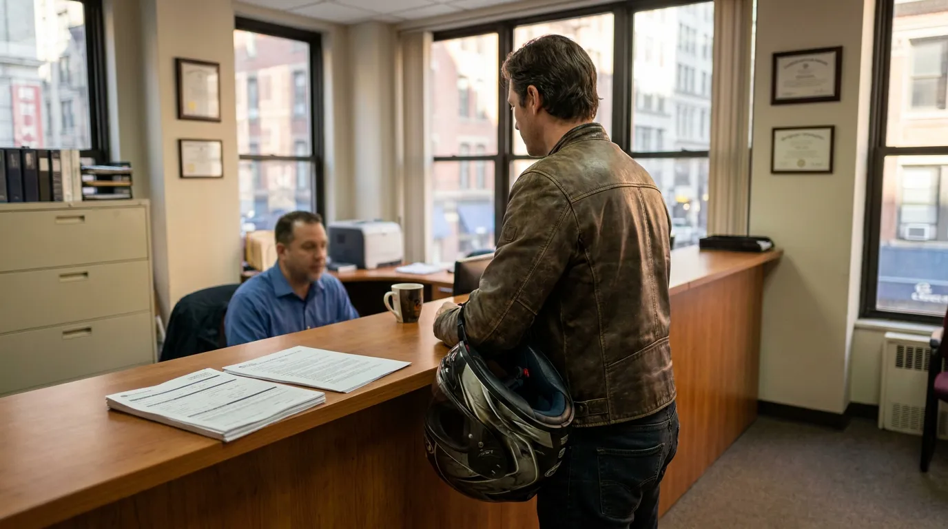 Saratoga Springs Motorcyclist Filing Insurance Claim With Adjuster motorcyclist holding helmet standing at law office reception desk with documents
