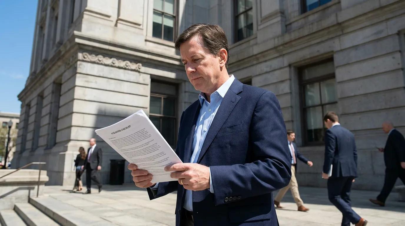 man in suit reading legal checklist document outside courthouse steps