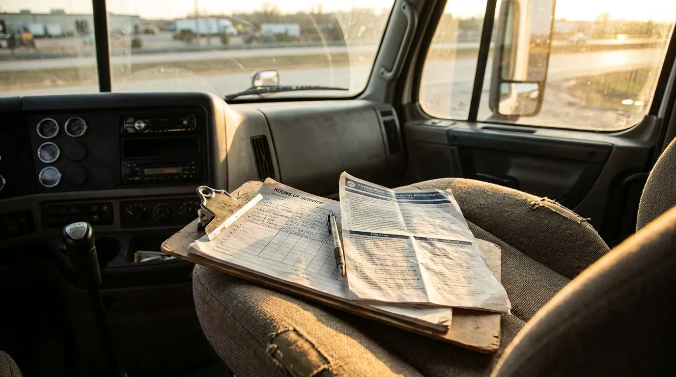 FMCSA Hours of Service Logbook Inside Columbus Mississippi Semi Truck Hours of Service logbook and pen resting on commercial truck cab seat