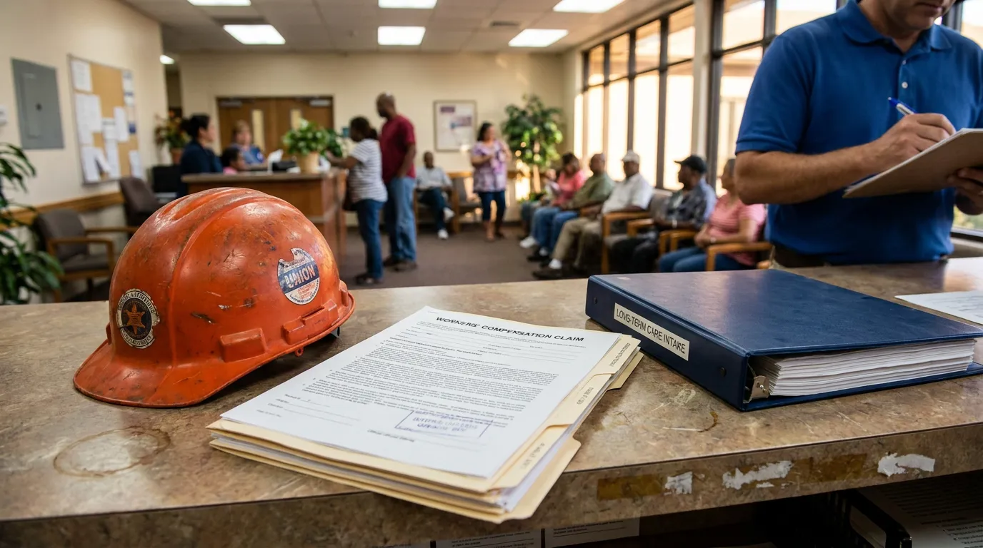 construction hard hat beside Workers' Compensation Claim form and Long-Term Care Intake binder on office counter