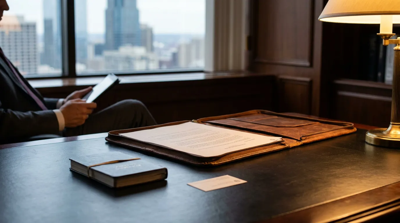 Philadelphia Business Attorney Office Fiduciary Duty Consultation leather portfolio with legal document open on law firm office desk
