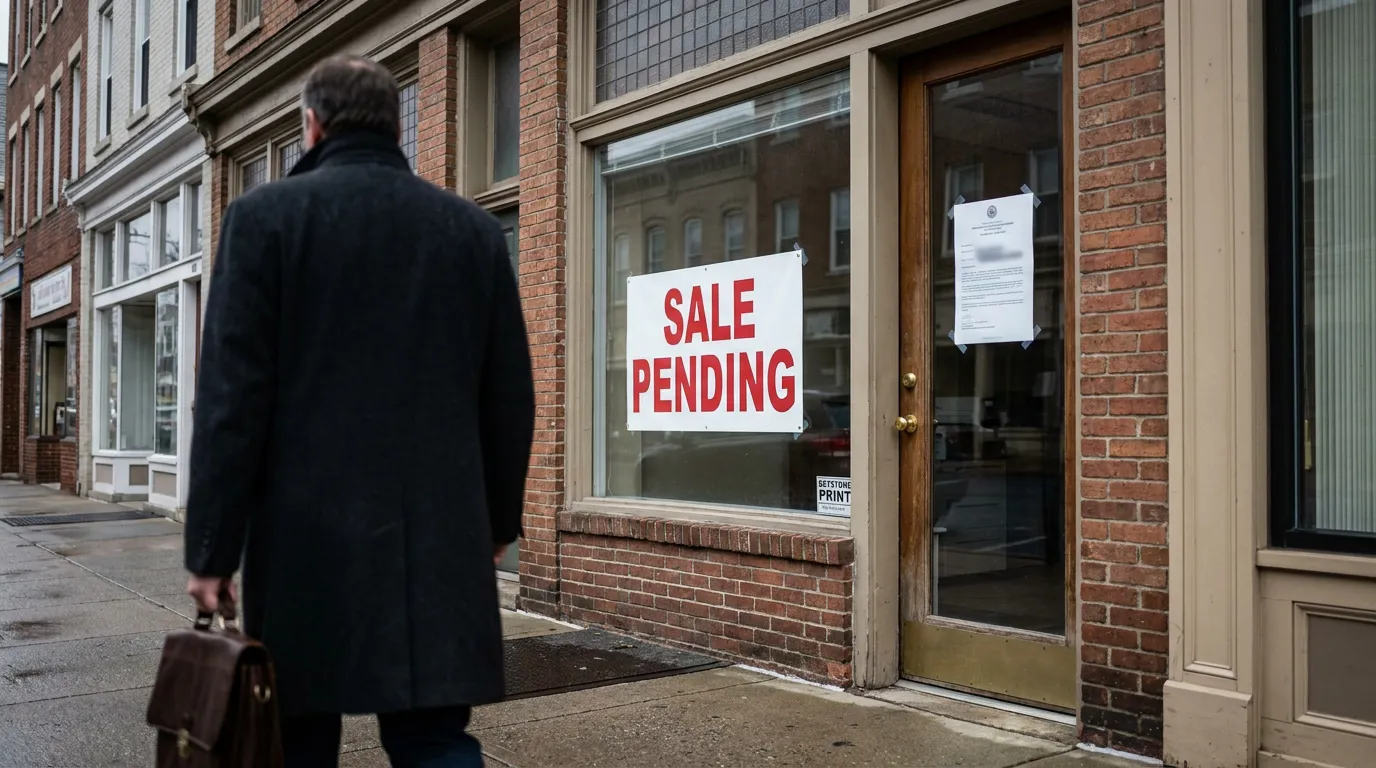 attorney carrying briefcase walking past commercial storefront displaying Sale Pending sign