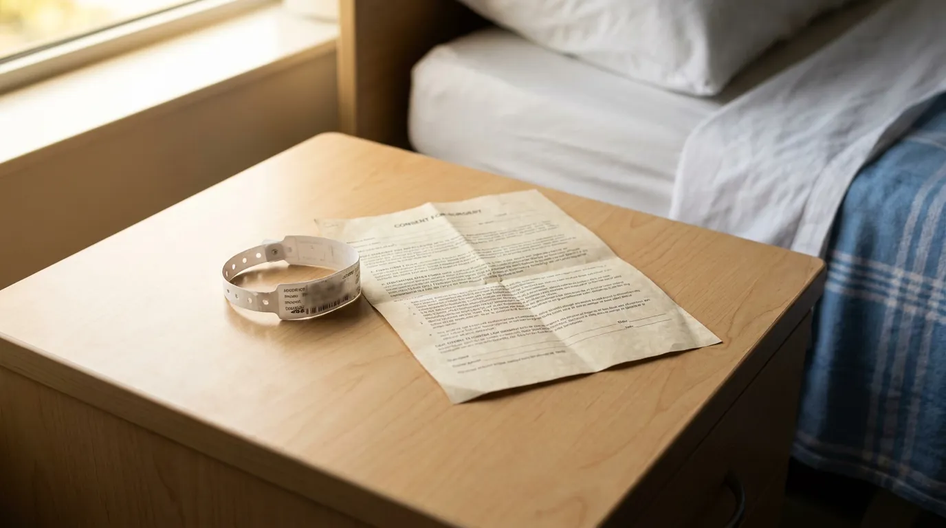 hospital patient wristband and consent for surgery document on bedside table