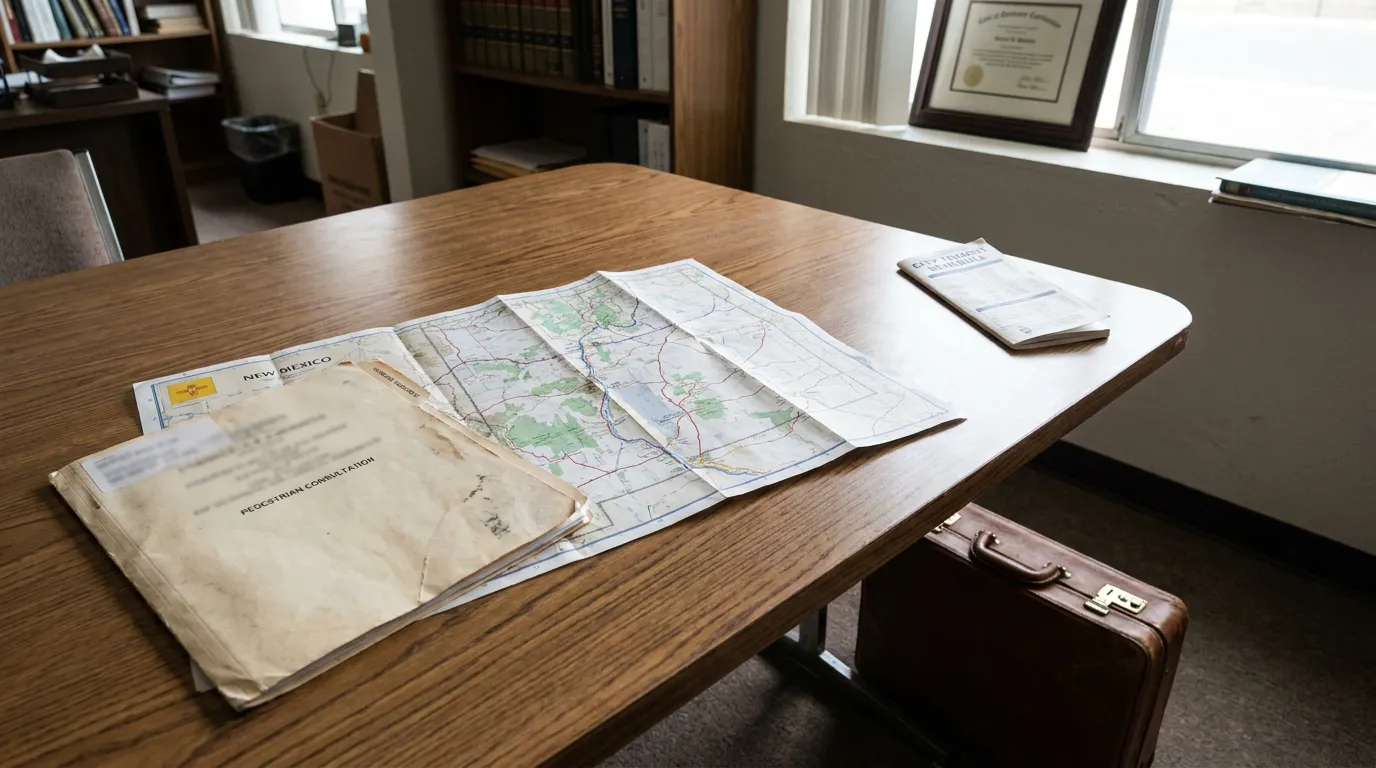 New Mexico road map and pedestrian consultation folder on law office desk