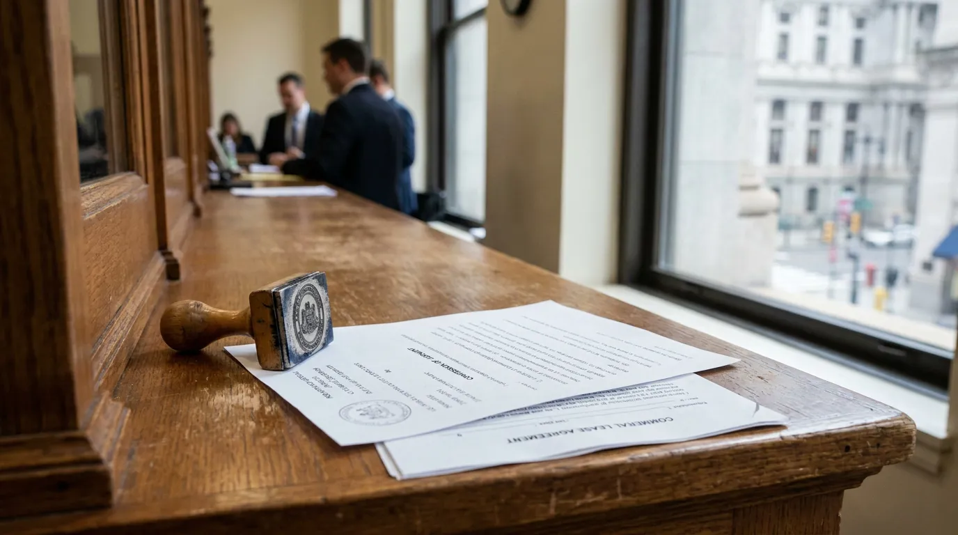 Commercial lease agreement document and official stamp on wooden courthouse counter
