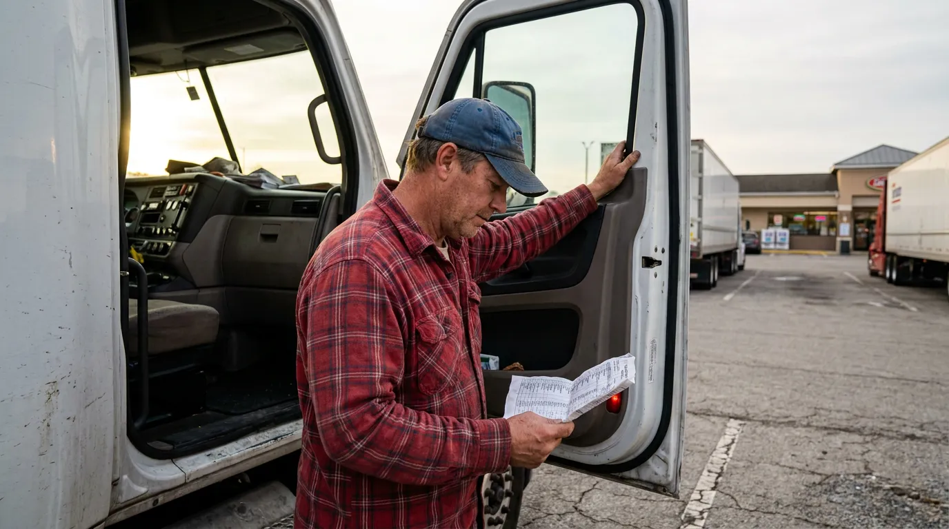 Ocala Truck Driver Reviewing Hours of Service Log truck driver standing beside open cab door reviewing printed document in parking lot