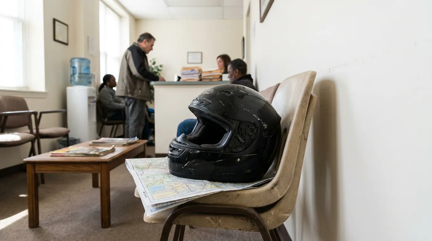 Albany Motorcycle Accident Lawyer Office Helmet Consultation motorcycle helmet resting on chair with road map in law office waiting room