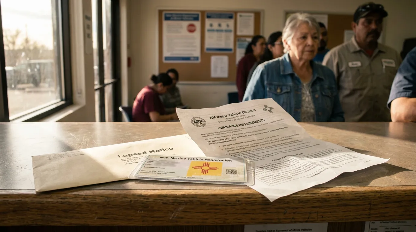 New Mexico MVD Lapsed Insurance Notice Uninsured Driver Albuquerque New Mexico Vehicle Registration lapsed notice and insurance requirements document on counter
