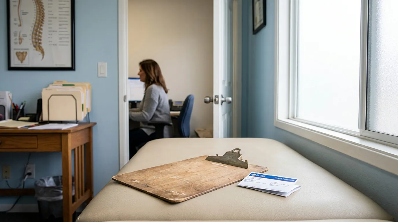 Newport Beach Car Accident Medical Exam Room Injury Documentation medical examination table with clipboard and form, staff member working at desk