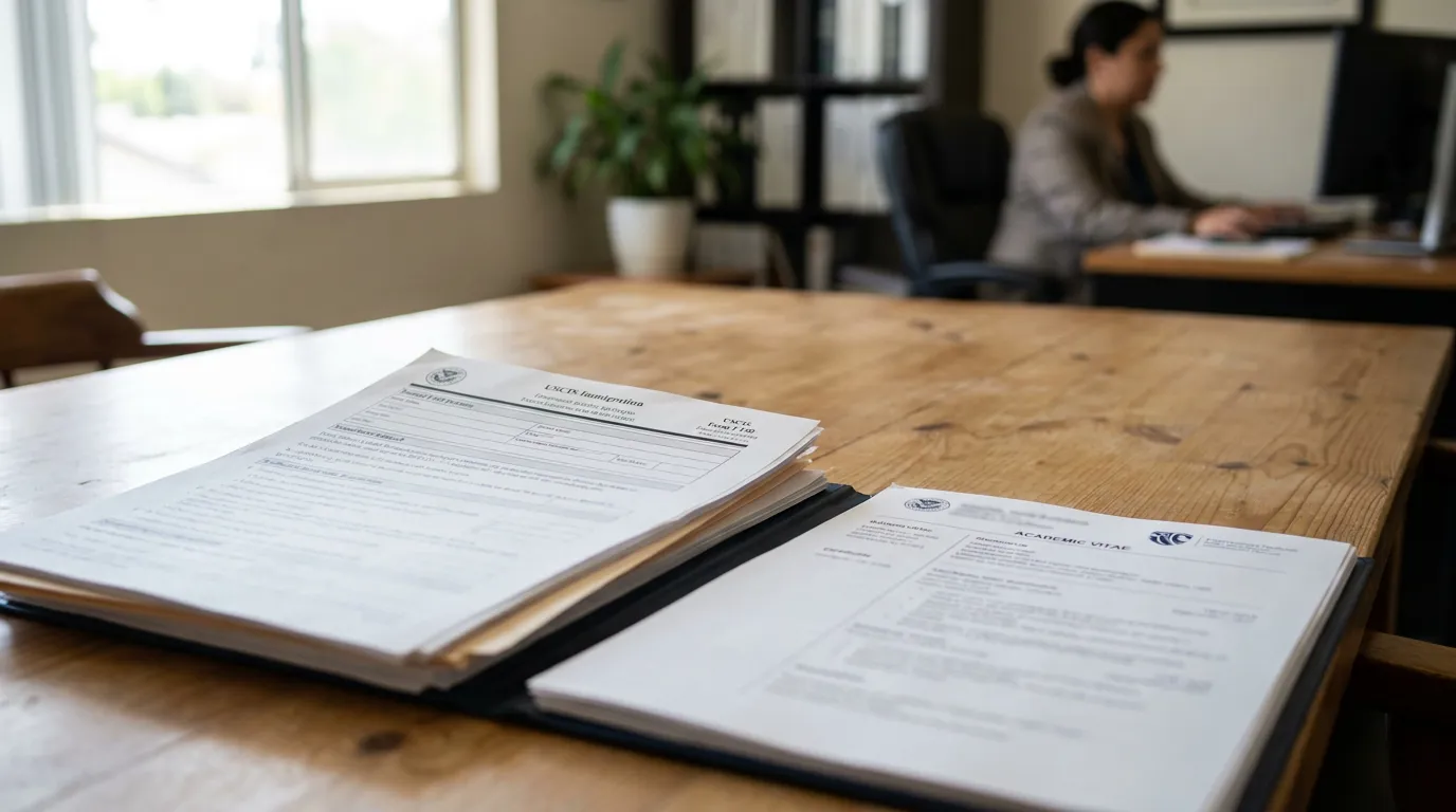 EB-2 NIW Self-Petition Documents San Diego Immigration Attorney USCIS immigration forms and academic vitae documents on office desk with professional working in background
