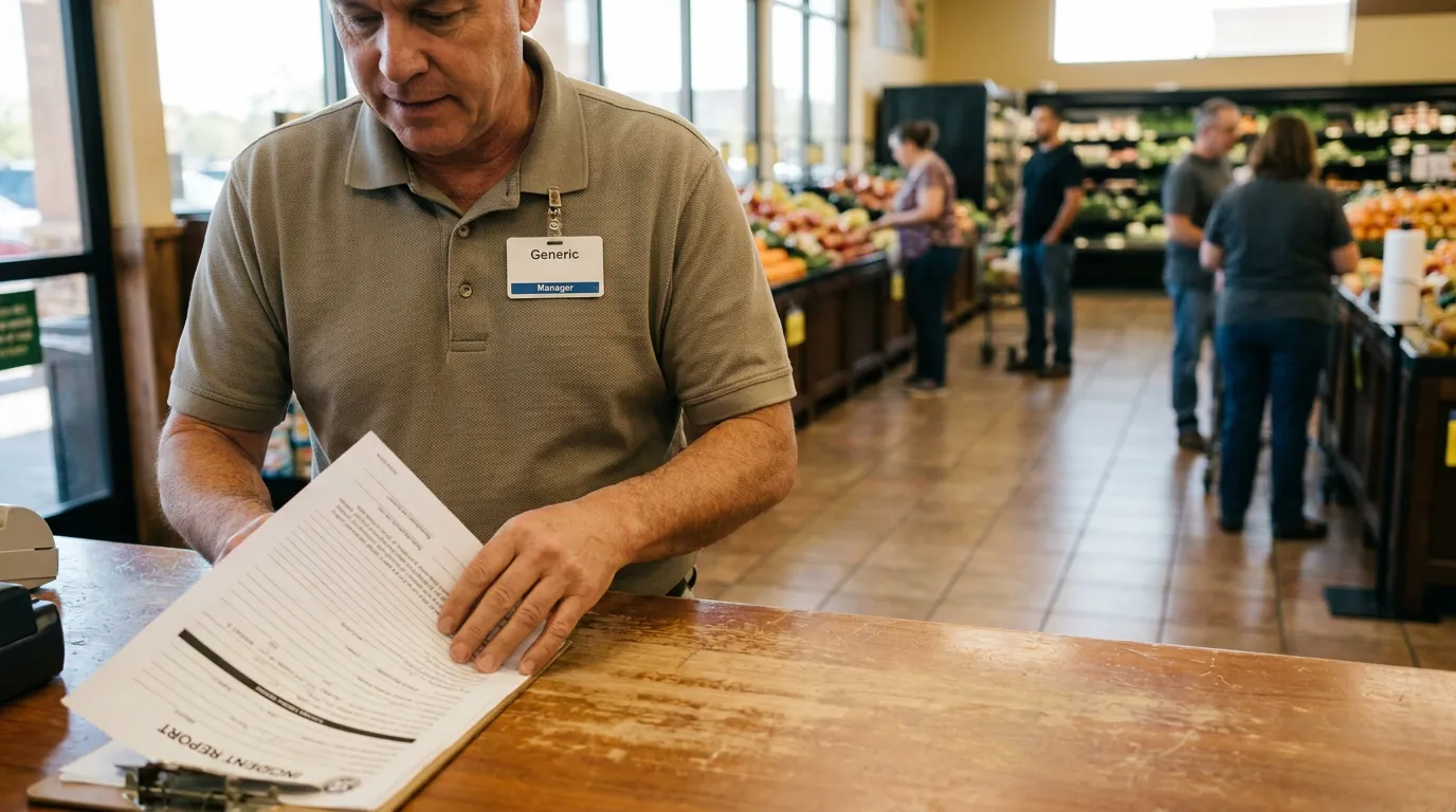 grocery store manager reviewing incident report document at service counter