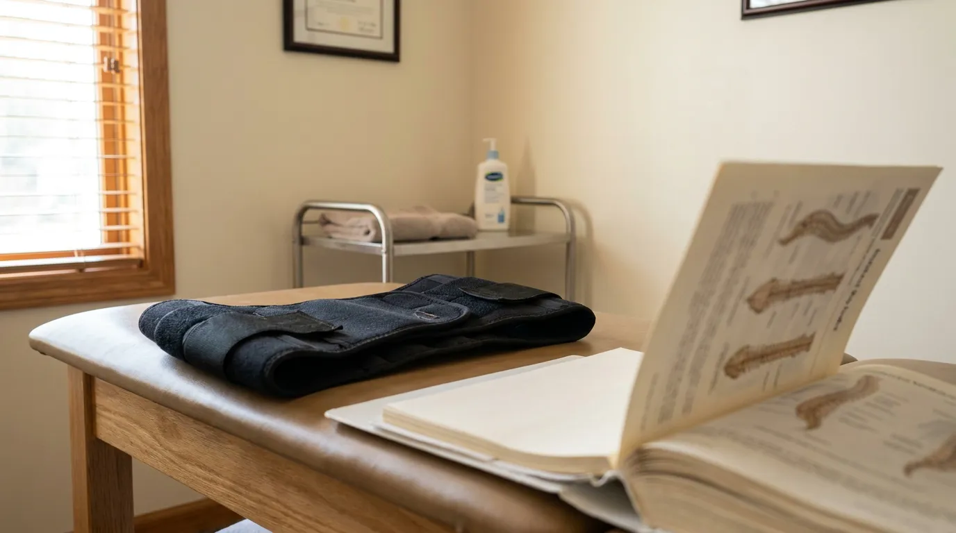 lumbar back brace and open spinal anatomy book on medical examination table