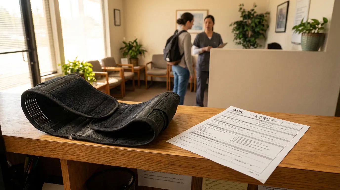 San Bernardino Workers Comp Claim Back Brace DWC Form DWC workers' compensation form and back brace on medical office counter