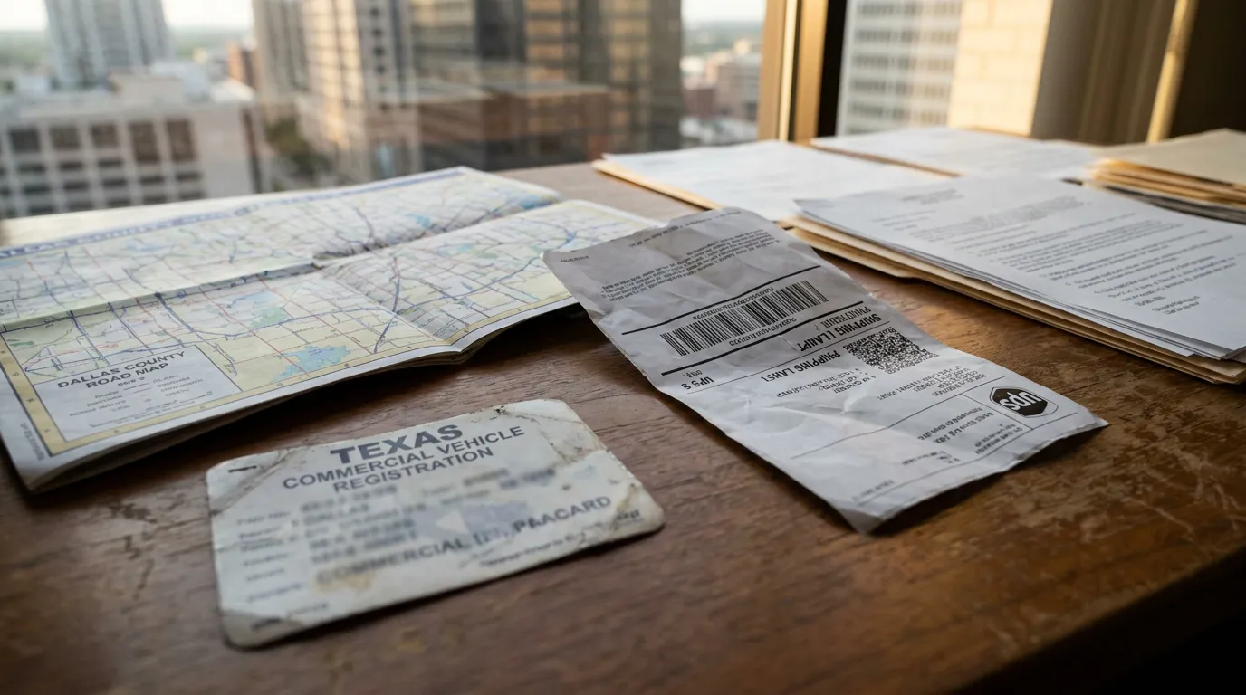 Dallas County Map UPS Shipping Label Texas Commercial Vehicle Registration Texas Commercial Vehicle Registration card beside Dallas County road map and UPS shipping label