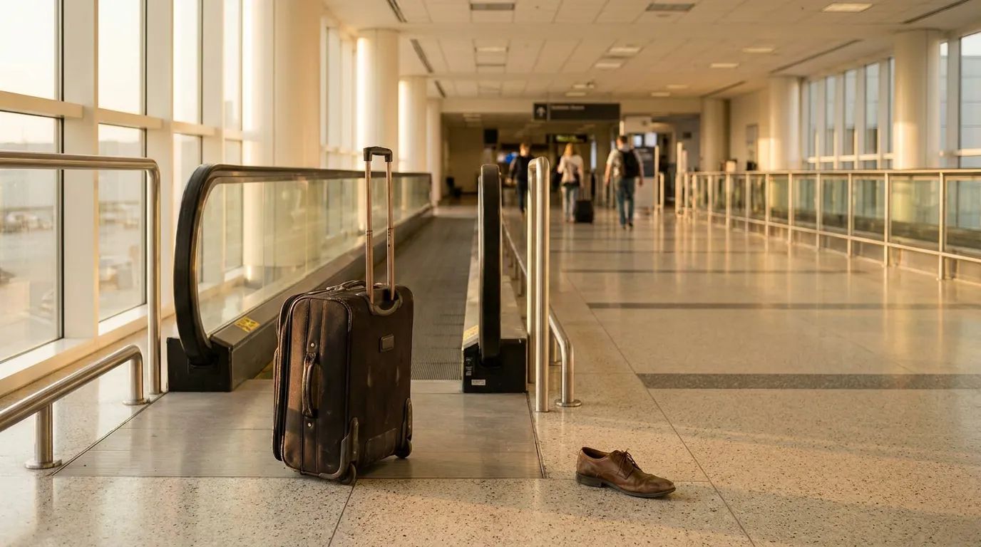 abandoned rolling suitcase and single shoe left on airport terminal floor