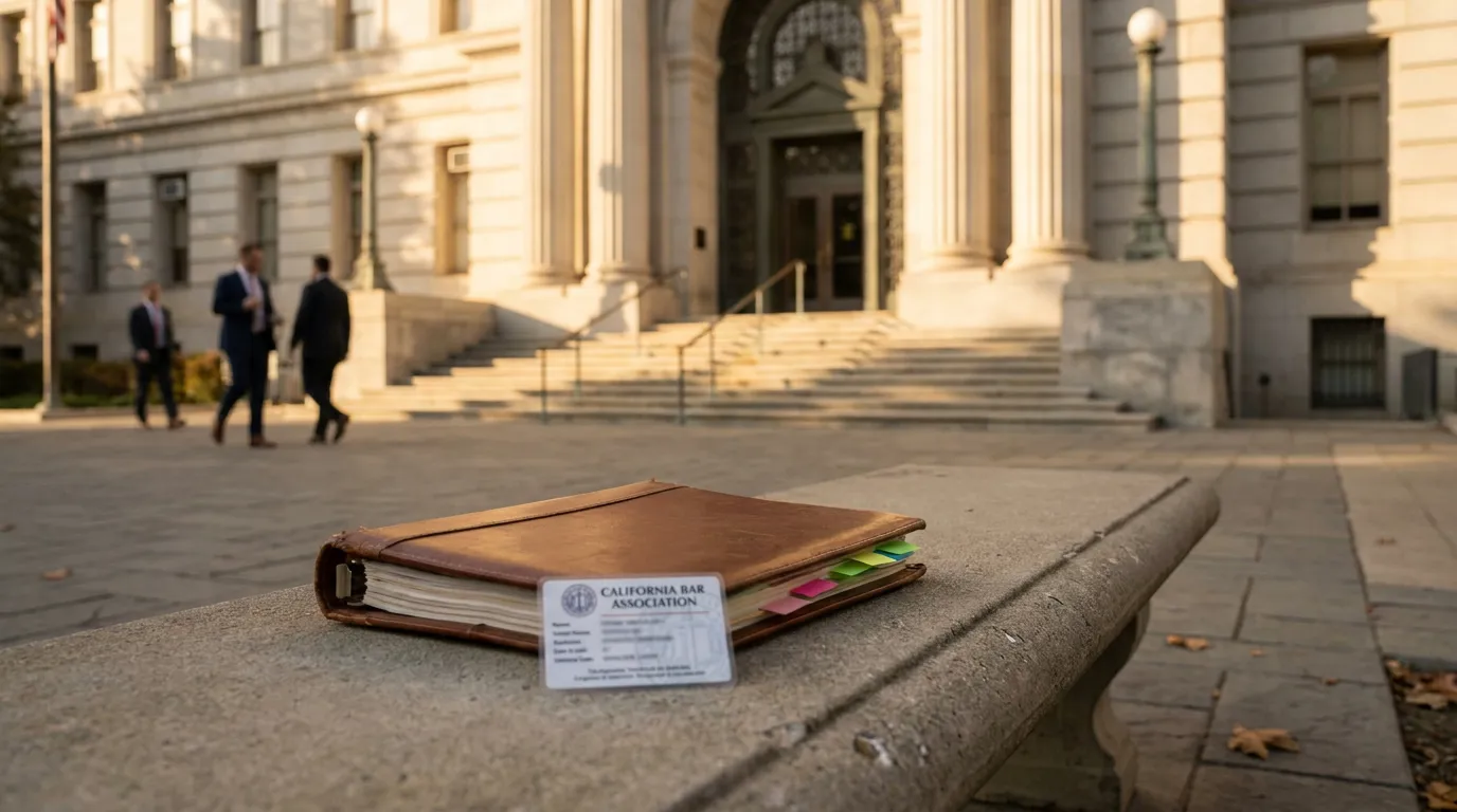 California Bar Association Case File Outside San Bernardino Courthouse California Bar Association card resting on leather binder outside courthouse steps