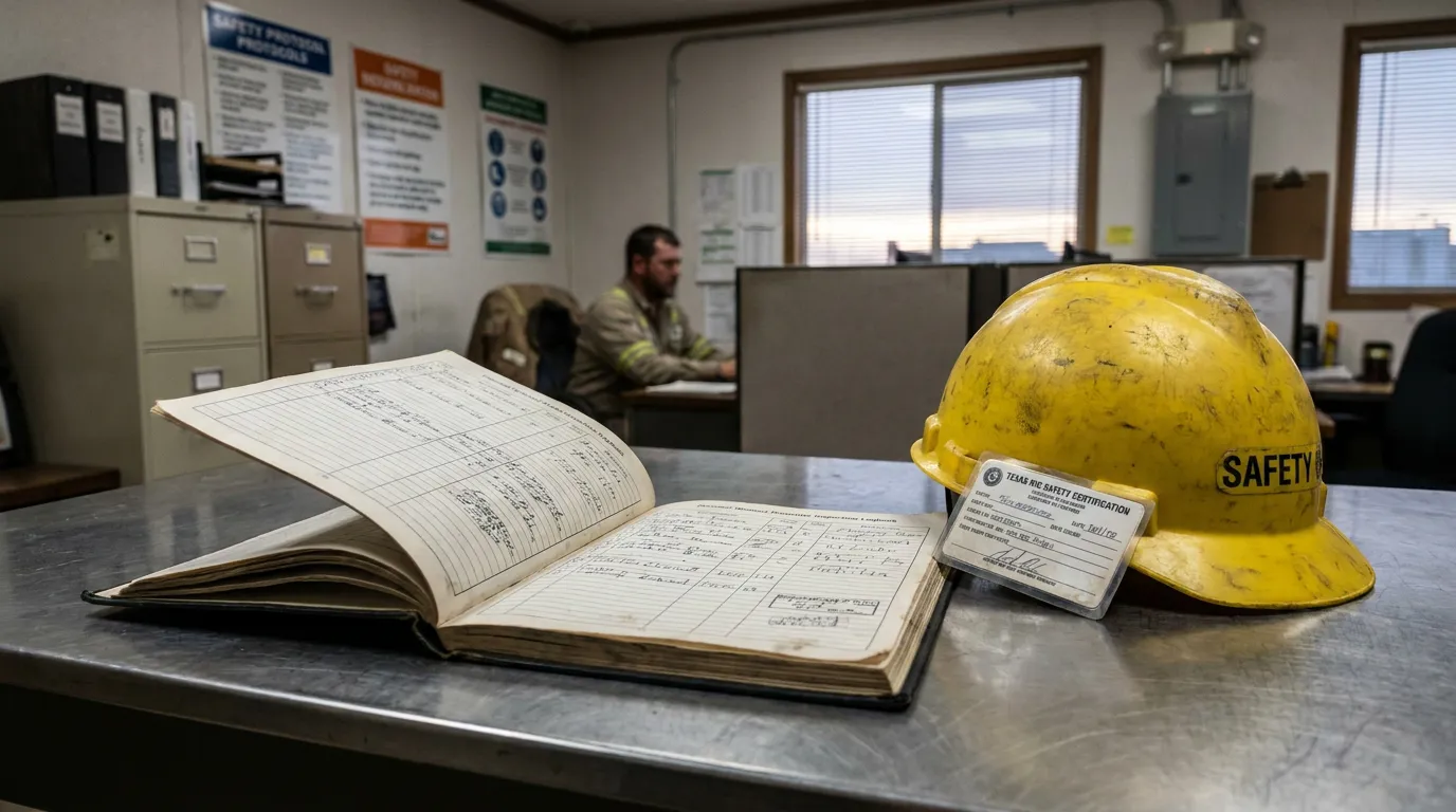 worn hard hat labeled Safety beside Texas Rig Safety Certification card and open inspection logbook