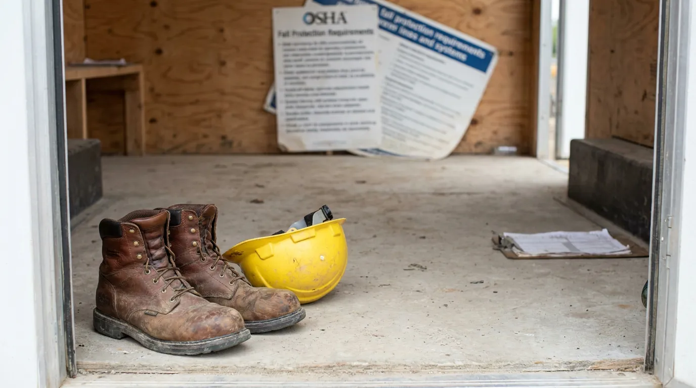 work boots and hard hat on construction site floor near OSHA Fall Protection Requirements sign