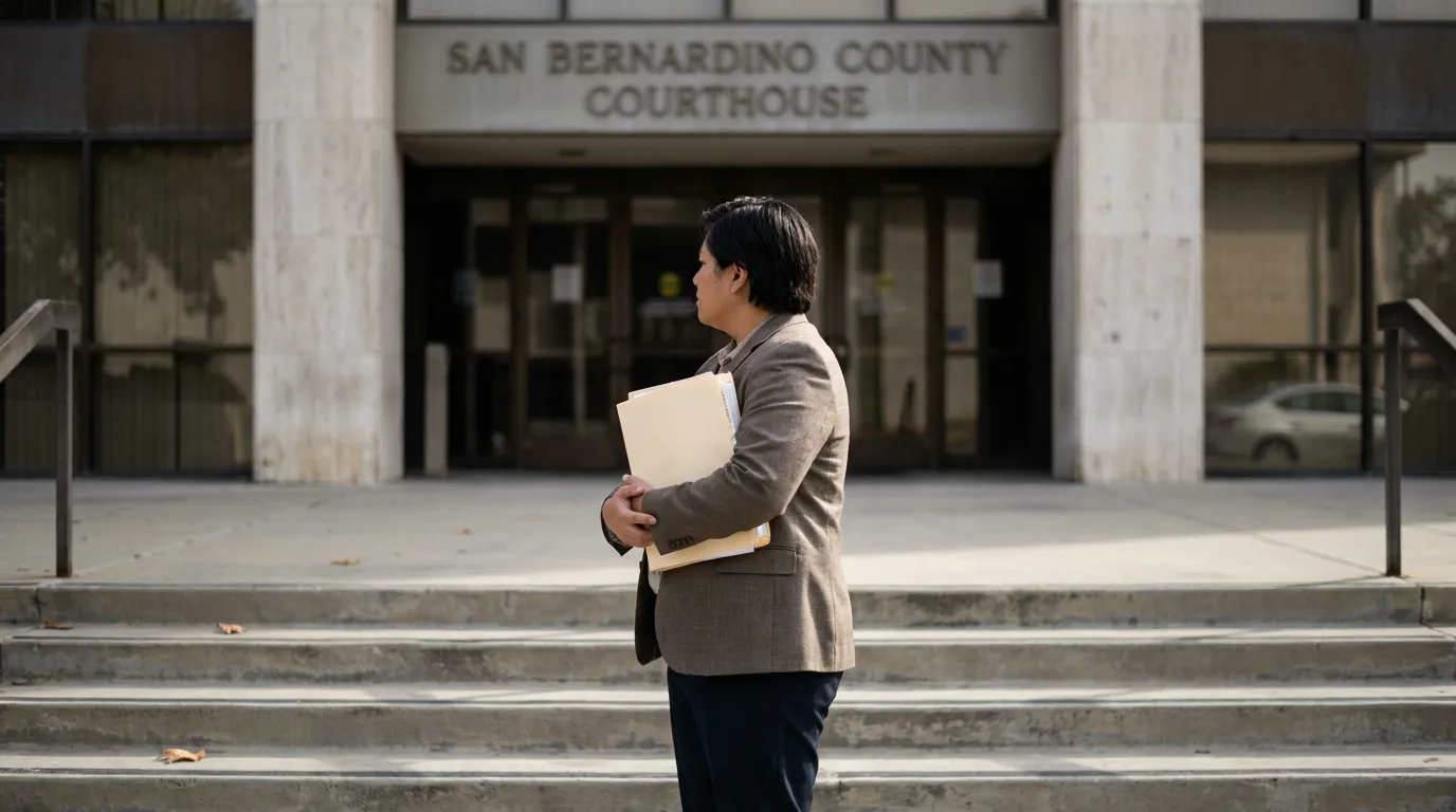 attorney holding legal folders standing outside San Bernardino County Courthouse entrance