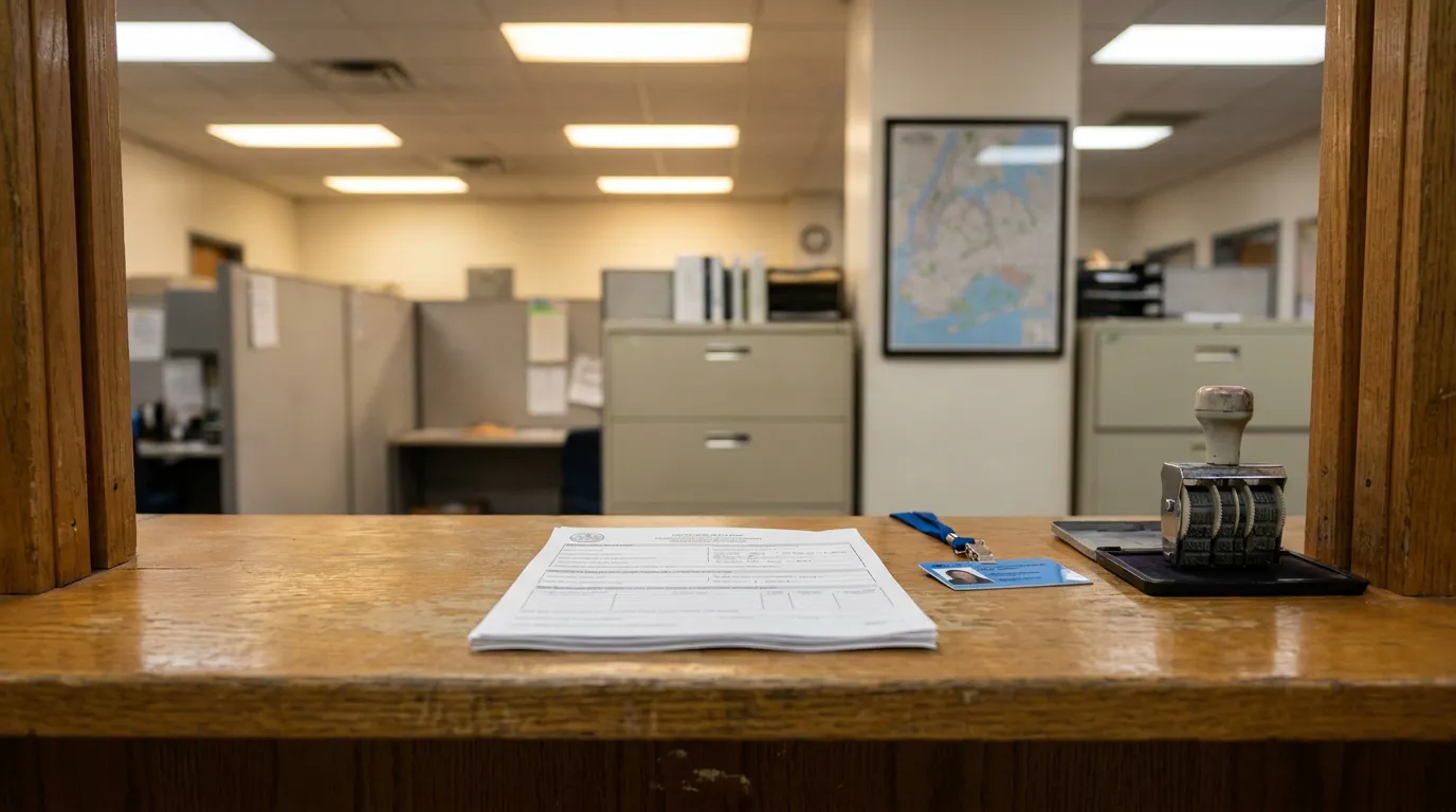 government office counter with official form, ID badge, and date stamp