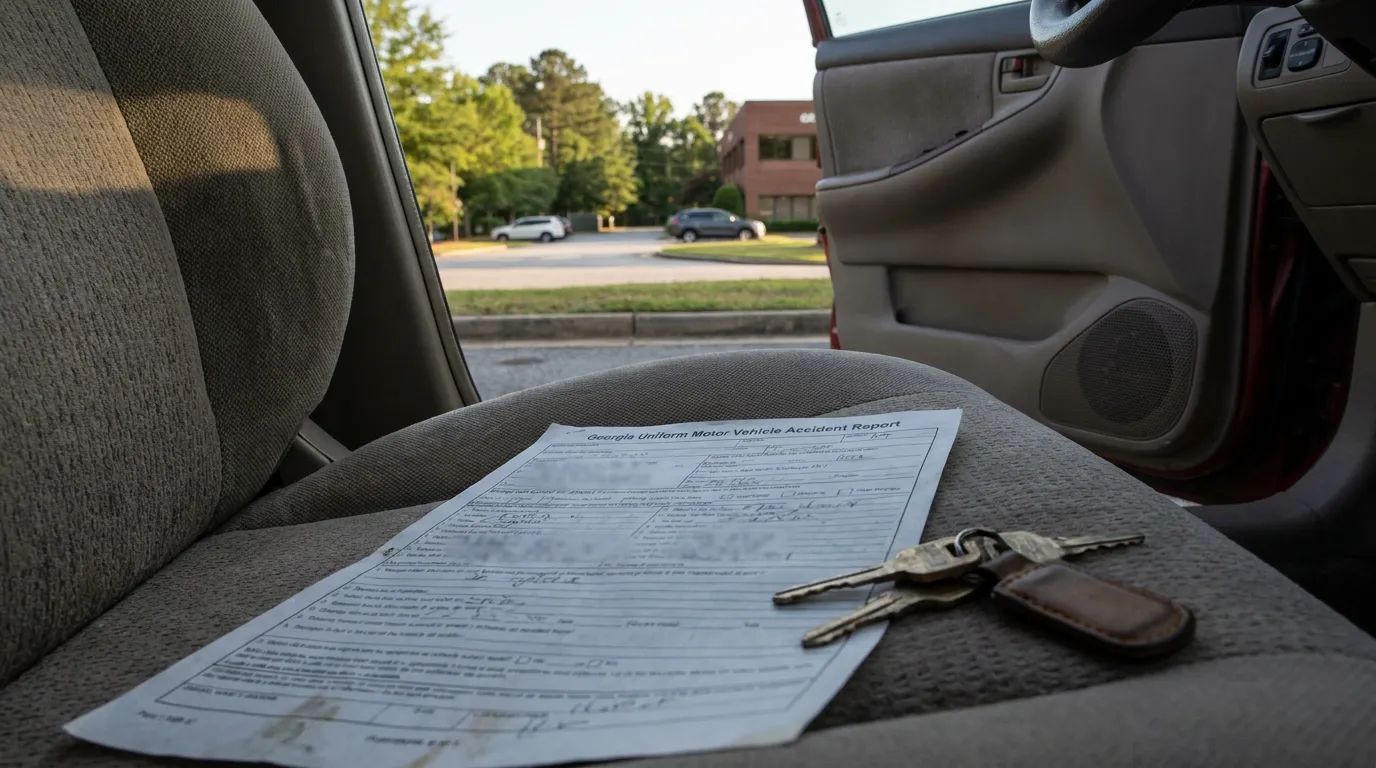 Georgia Uniform Motor Vehicle Accident Report form and car keys on vehicle seat
