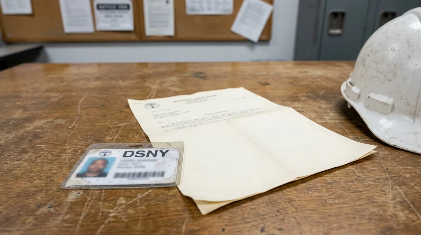 DSNY employee ID badge, official document, and hard hat on worn work desk