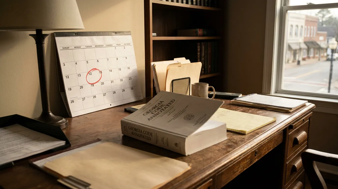 Cumming Georgia Slip and Fall Claim Deadline Calendar Georgia Code Georgia Code Annotated book on desk beside calendar with circled date