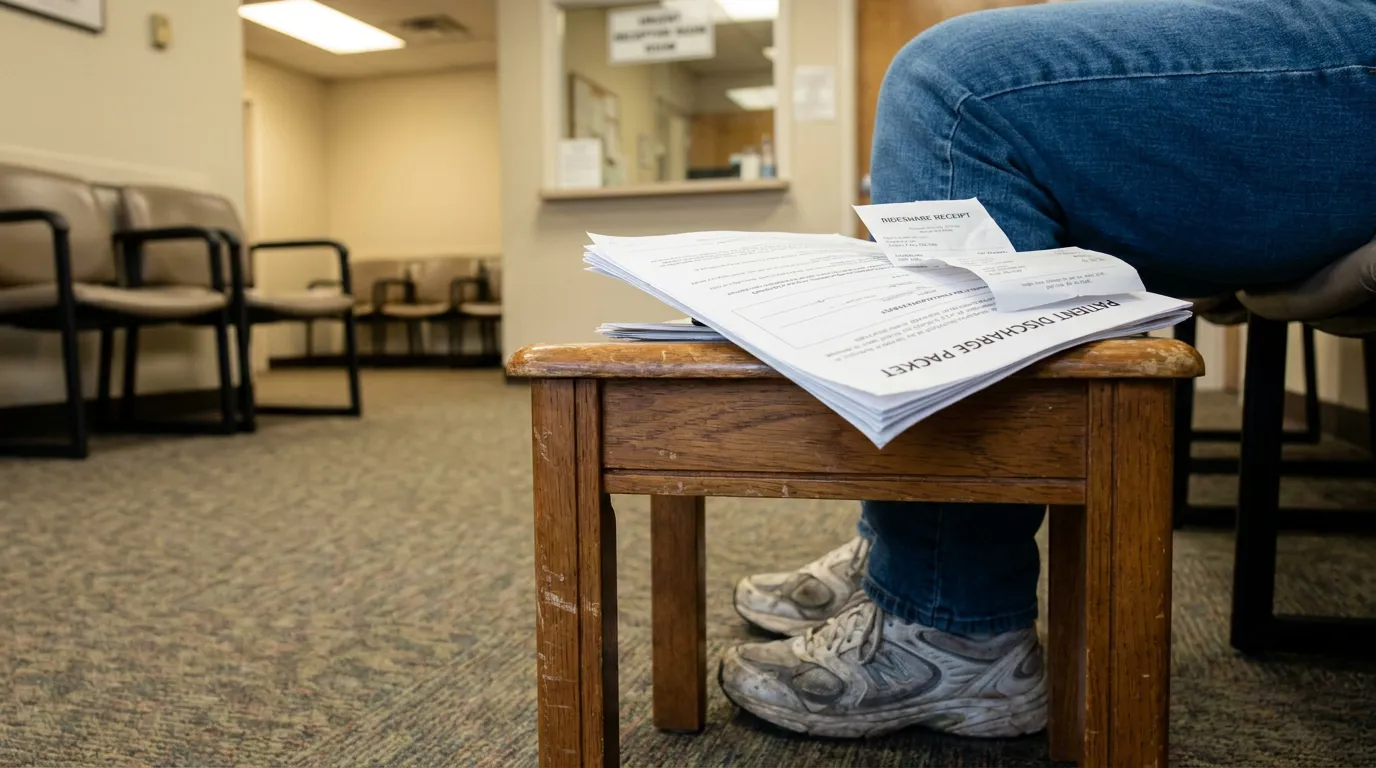 Atlanta Uber Passenger Holding Medical Discharge Papers After Crash Patient Discharge Packet and rideshare receipt on table in medical waiting room