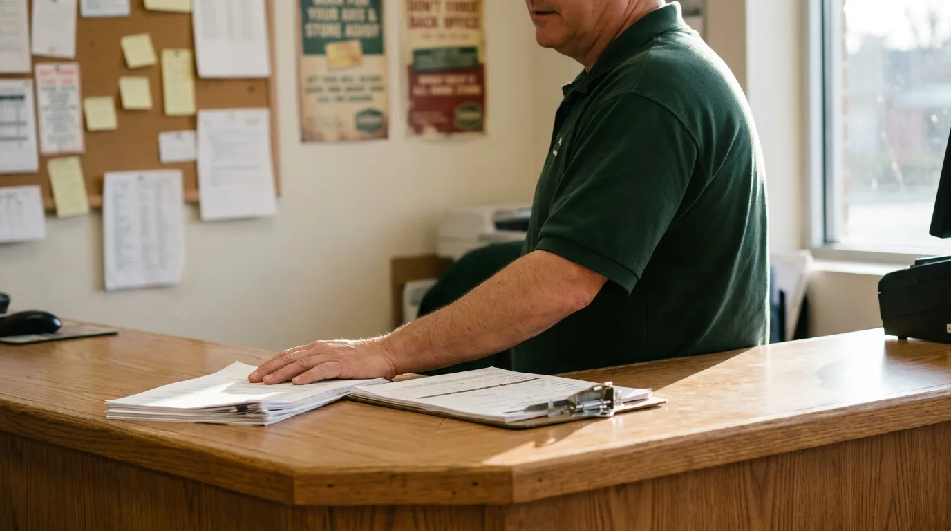 man standing at wooden reception desk with papers and clipboard