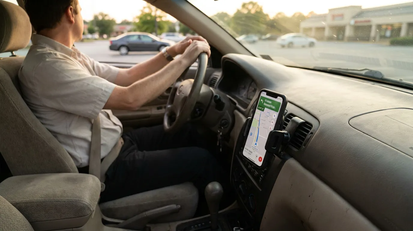 driver gripping steering wheel with smartphone navigation app mounted on dashboard