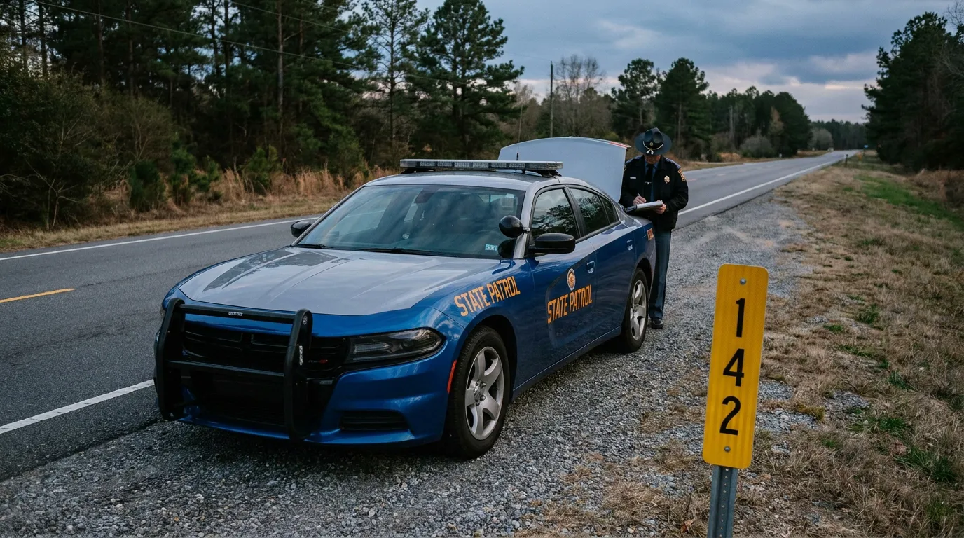 Georgia State Patrol Officer Investigating Alpharetta Truck Accident State Patrol officer writing notes beside marked patrol vehicle on rural roadside