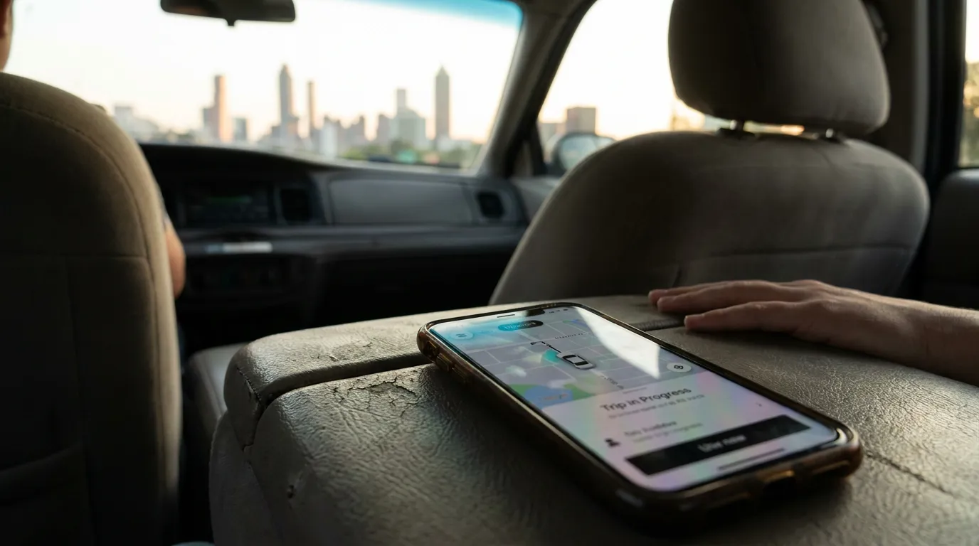 smartphone displaying Trip in Progress rideshare app screen on vehicle backseat