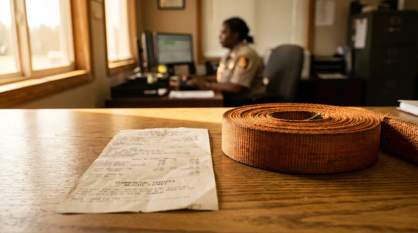Commercial vehicle weight ticket and cargo strap on desk with uniformed officer at computer