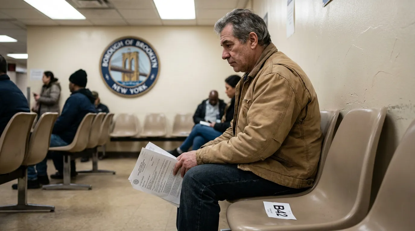 man holding legal documents seated in Borough of Brooklyn New York government waiting room