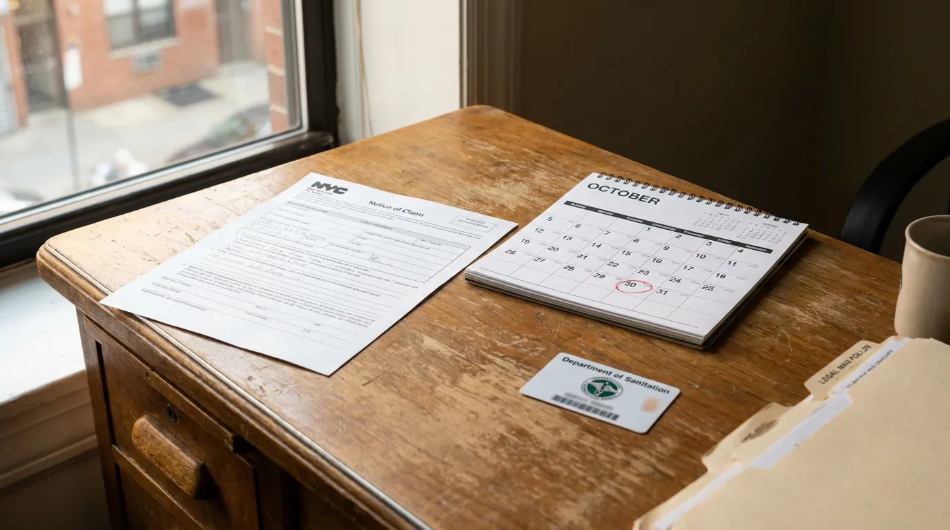 NYC Notice of Claim form beside October calendar with circled deadline date