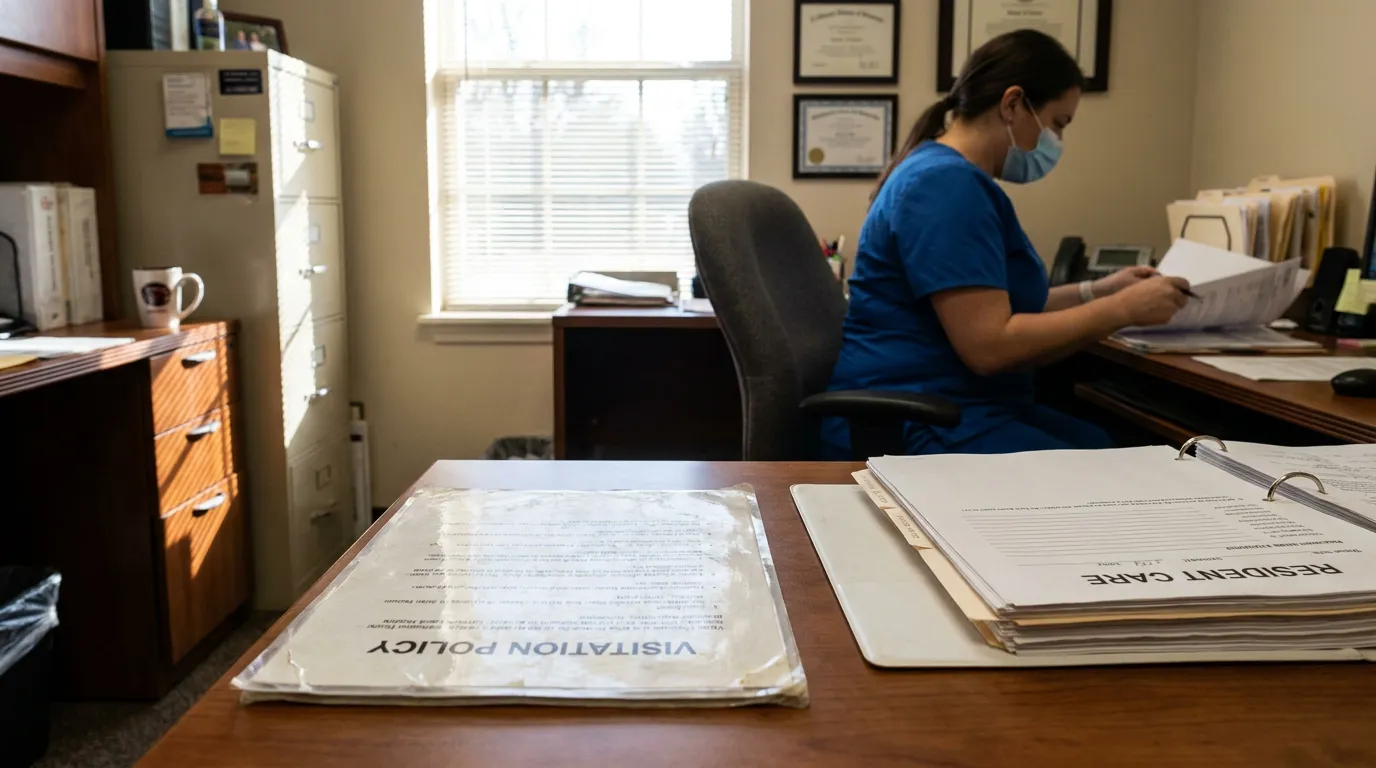 Visitation Policy and Resident Care binder on nursing home office desk