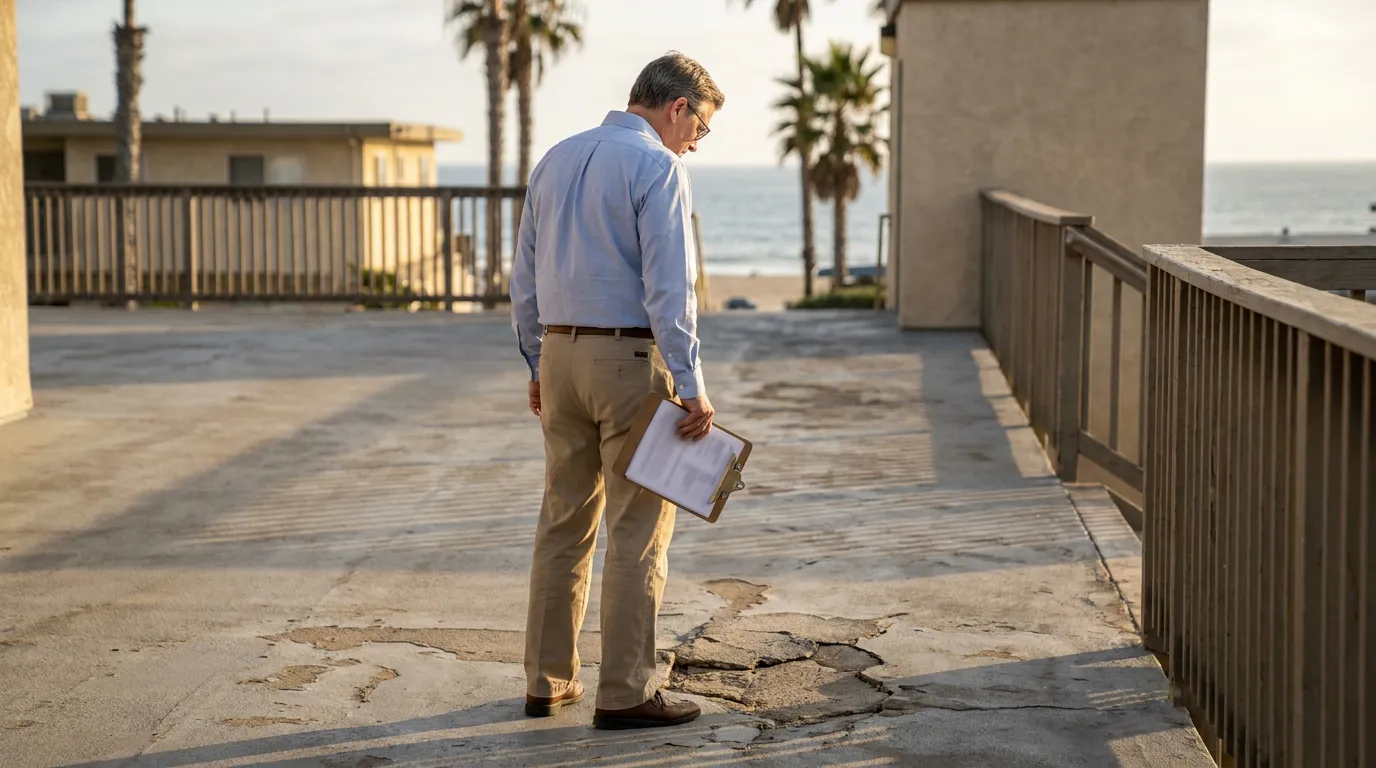 Attorney Inspecting Cracked Walkway Newport Beach Premises Liability professional holding clipboard inspecting cracked concrete walkway near beachfront property