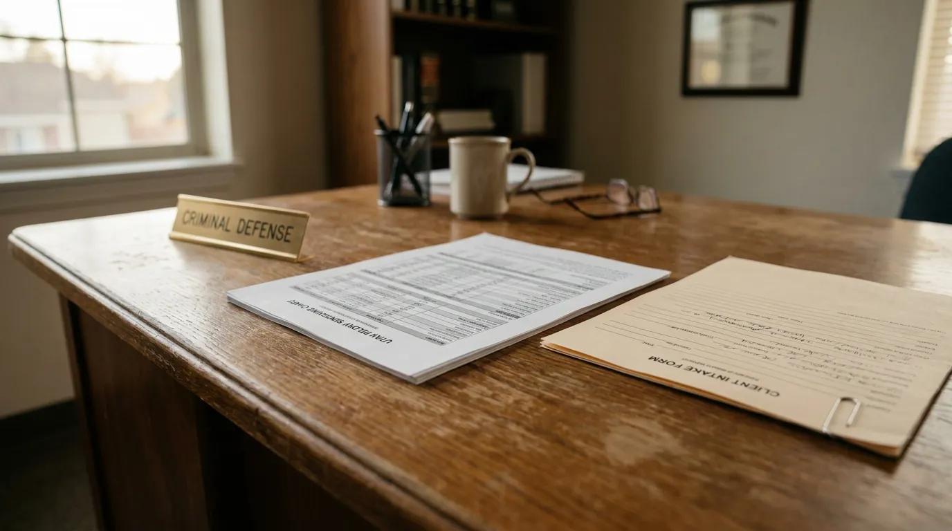 Salt Lake City Criminal Defense Desk Utah DV Sentencing Chart Criminal Defense nameplate beside Utah felony sentencing chart and client intake form on attorney desk