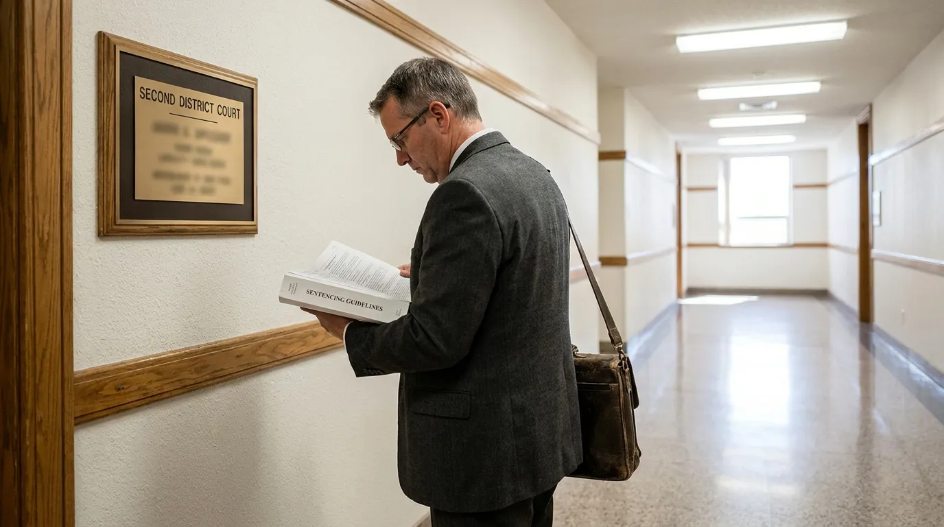 attorney reading Sentencing Guidelines book outside Second District Court