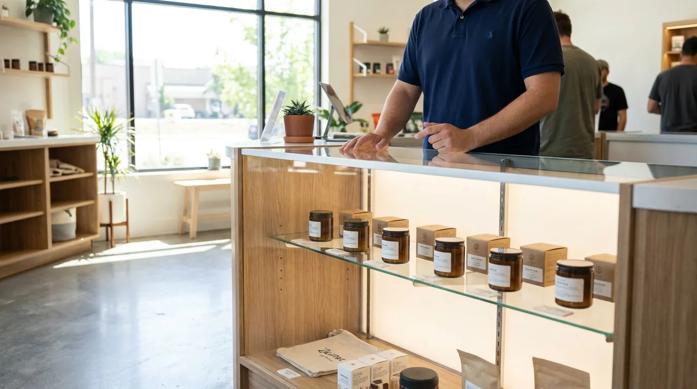 retail store employee standing behind glass display case with labeled product jars