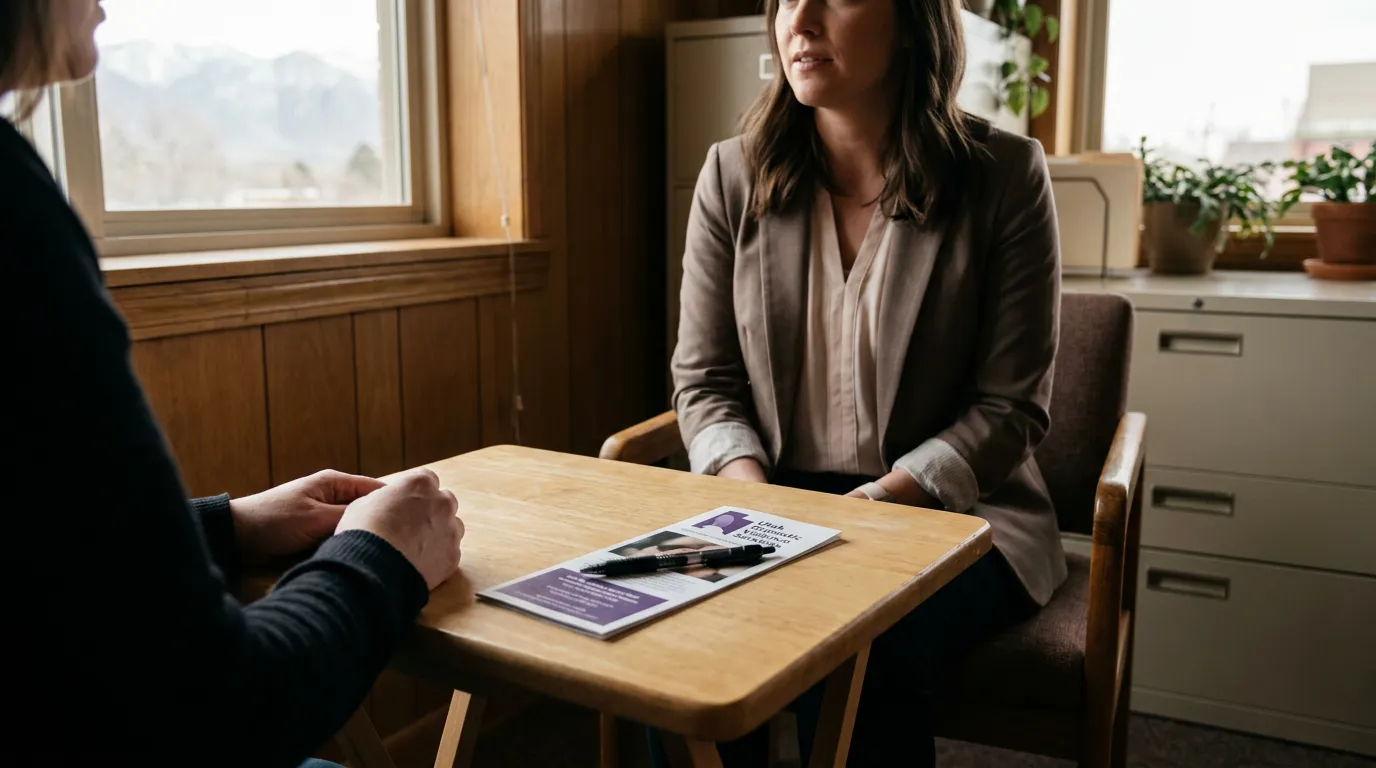 professional woman in blazer meeting across wooden table with brochure and pen