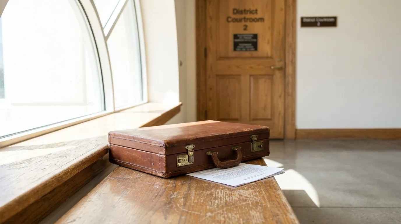 leather briefcase and legal documents on bench outside District Courtroom 2