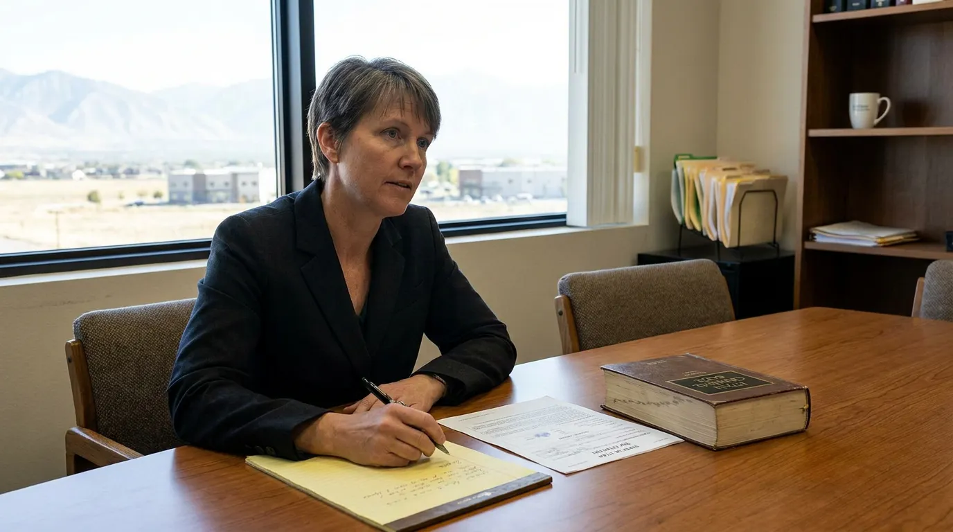 attorney seated at desk writing notes beside legal document and law book