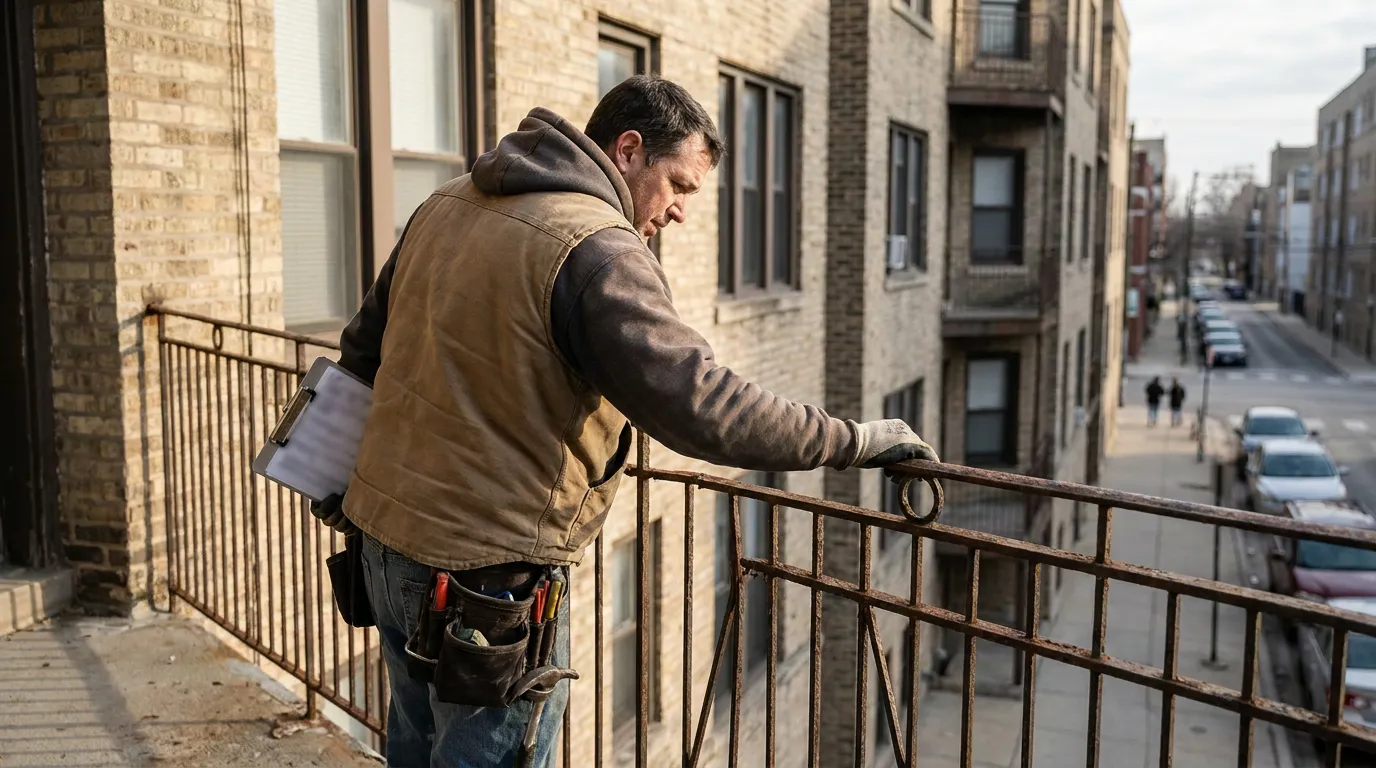 Inspector Examining Defective Railing Chicago Building worker with tool belt and clipboard inspecting rusted balcony railing on urban building