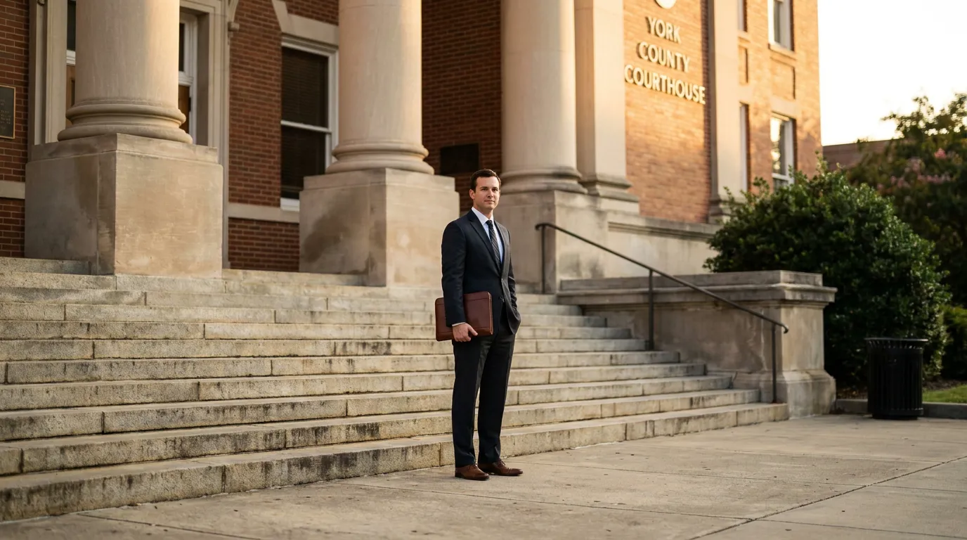 Divorce Attorney Outside York County Courthouse Rock Hill SC suited attorney holding portfolio standing on steps of York County Courthouse