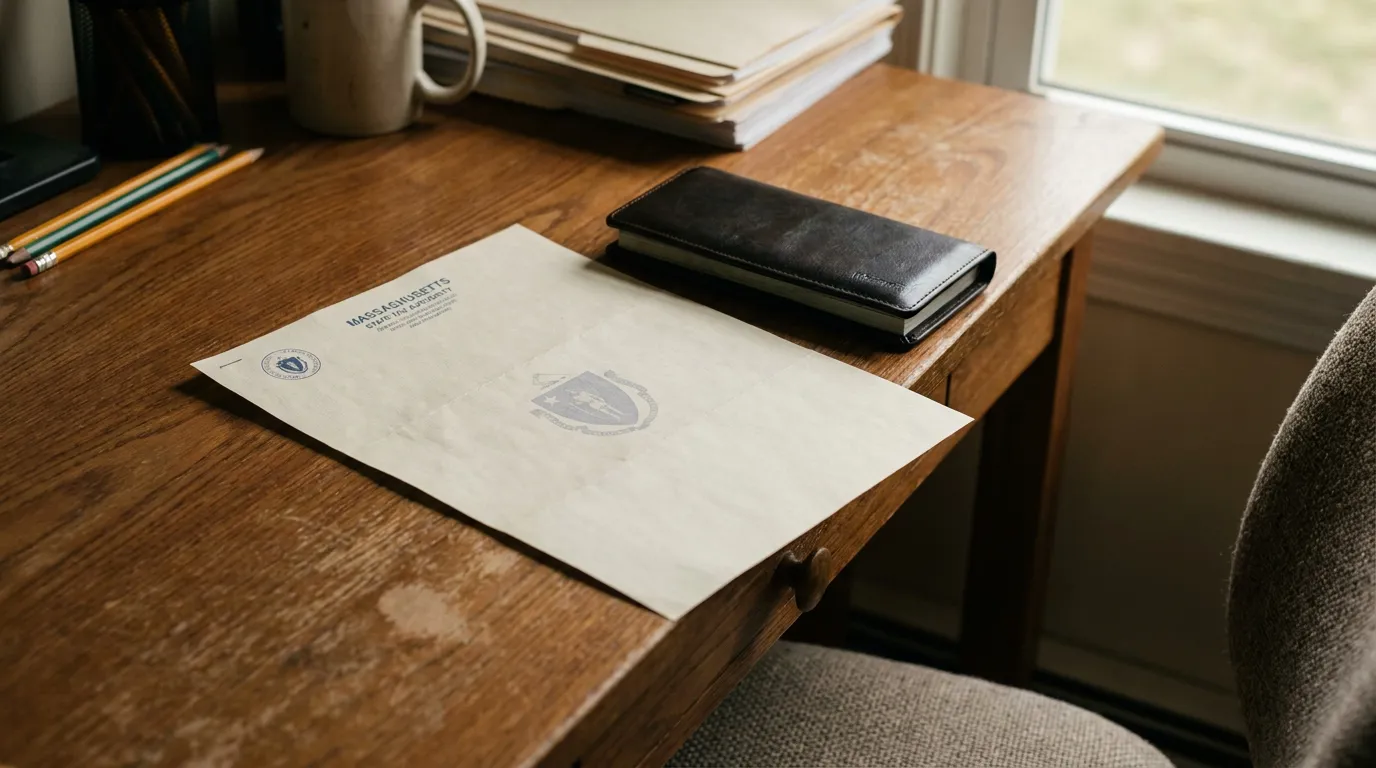 Massachusetts Wage Garnishment Notice on Desk Leominster Massachusetts State Tax Authority official envelope resting on wooden desk