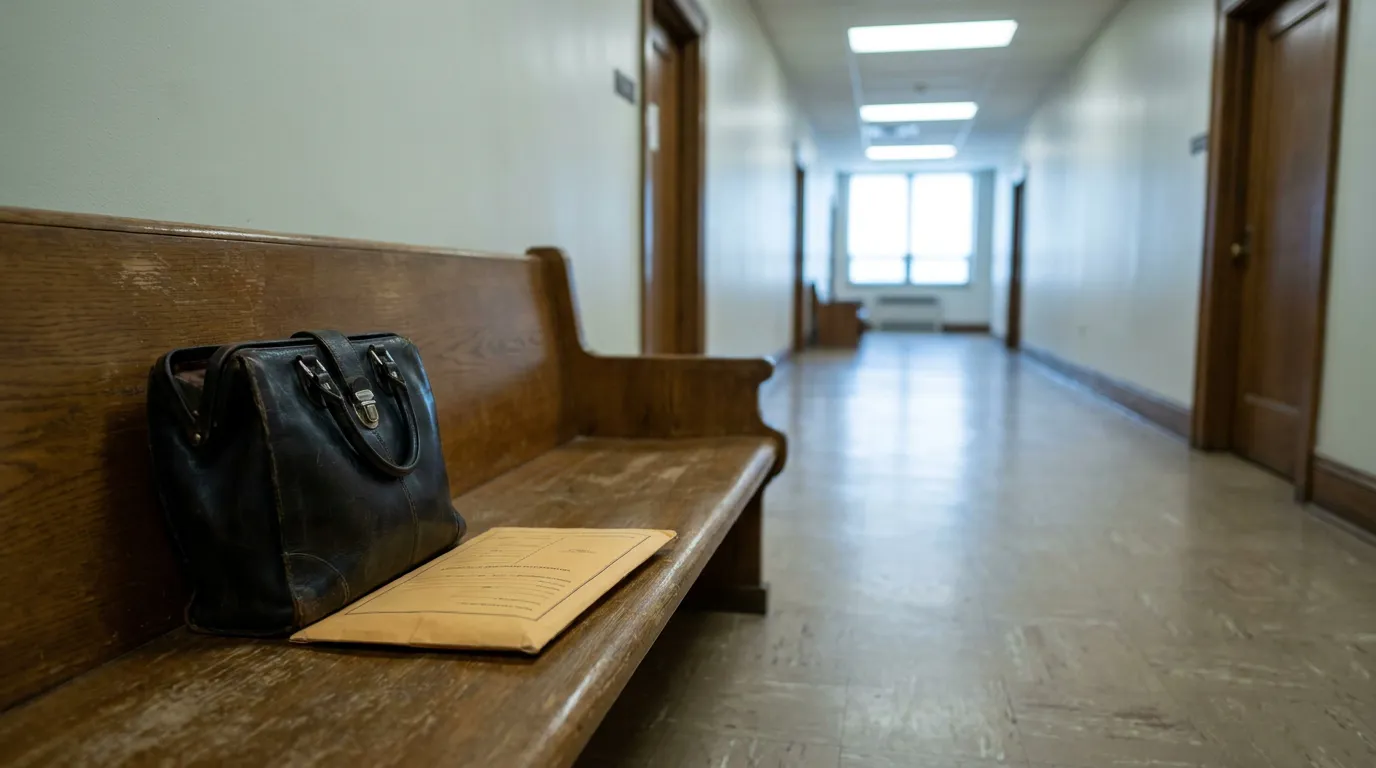 leather briefcase and legal envelope resting on wooden bench in courthouse hallway